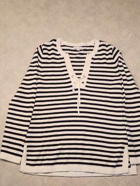 Nautica Navy and White Striped Lace-Up Knit Top